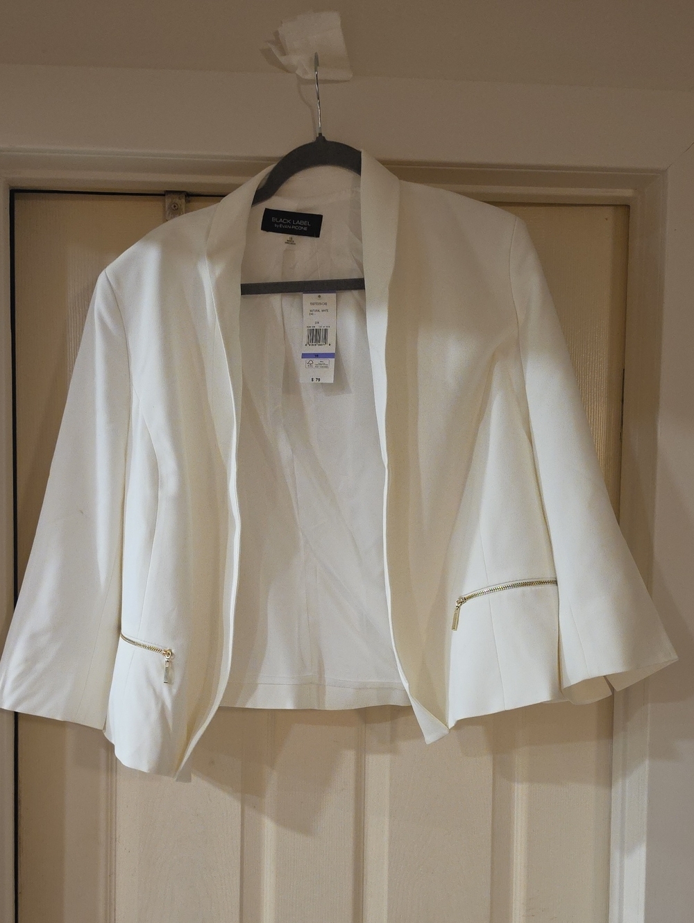 Black Label White Cropped Open-Front Blazer with Gold Zipper Detail